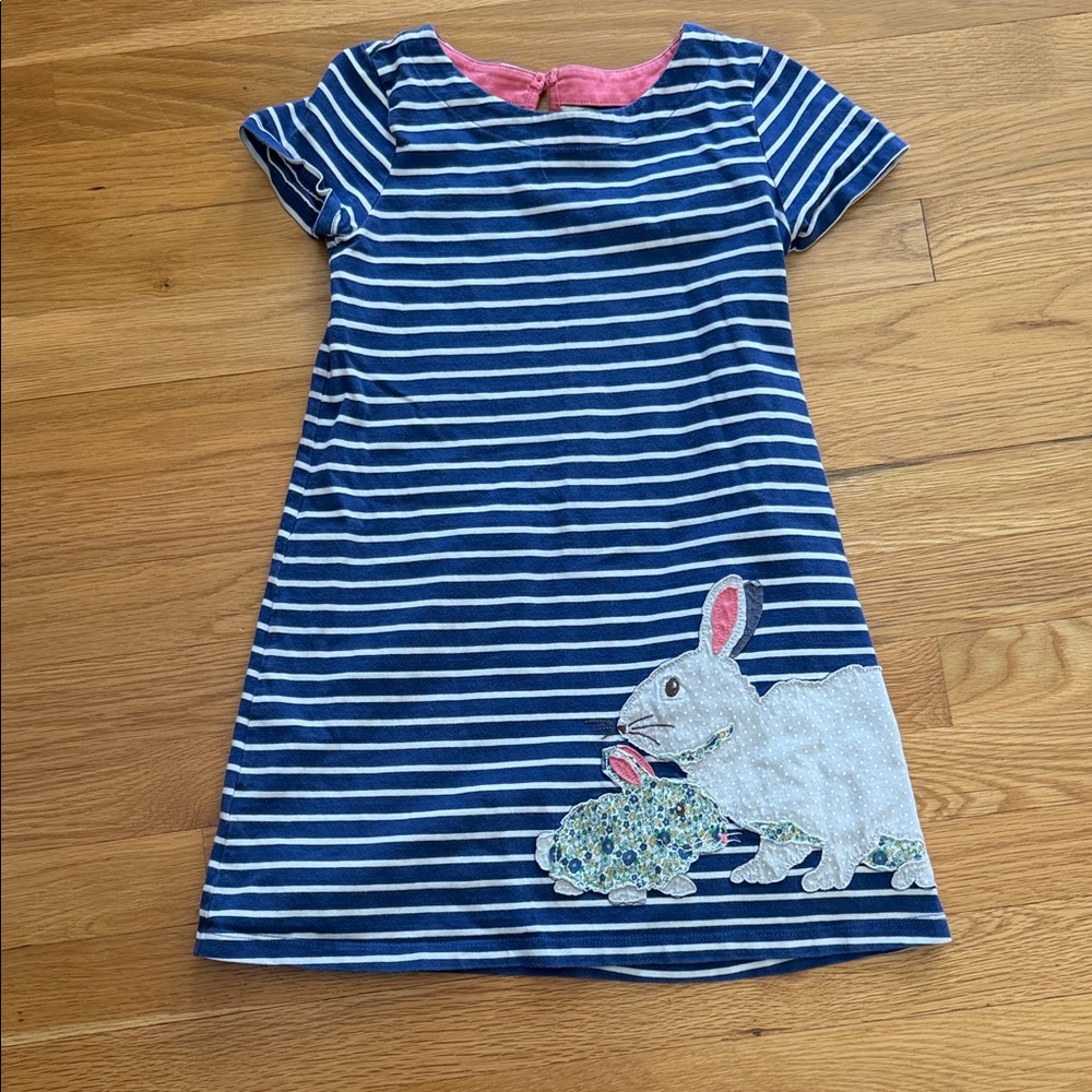 Mini Boden Navy and White Striped Dress with Bunny Appliqué